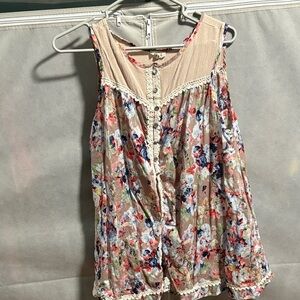 POL Floral Button-Down Blouse with Lace